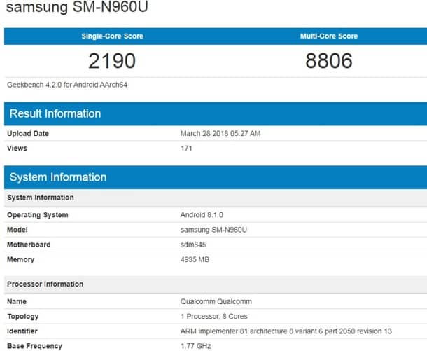Geekbench «слил» характеристики неанонсированного Galaxy Note 9