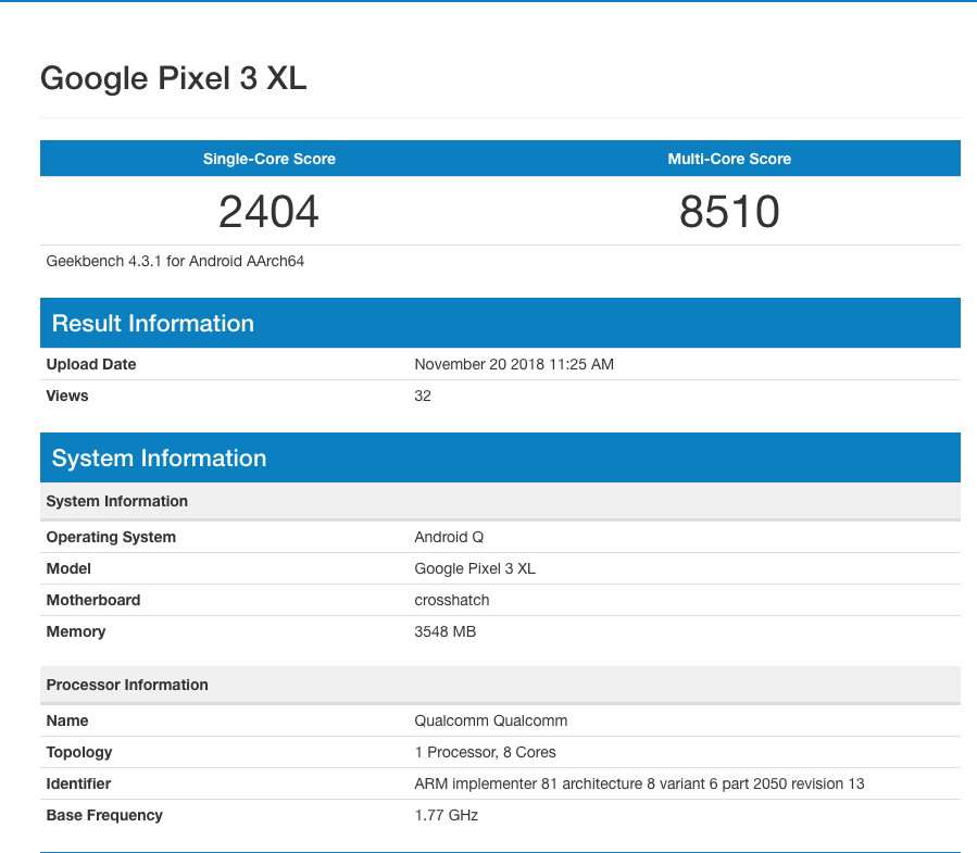 Результаты тестов Pixel 3 XL на Android 10 появились в базе данных Geekbench